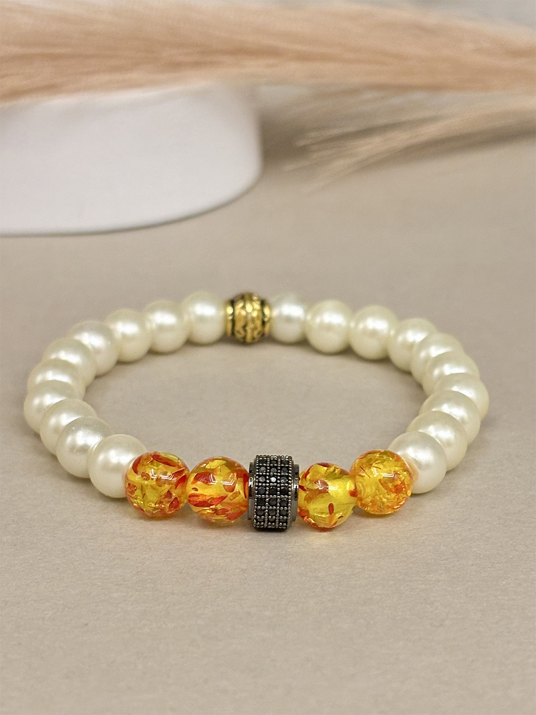 SANAA CREATIONS Unisex Onyx & Tranquil Veins Howlite Pearl Beaded Elasticated Bracelet