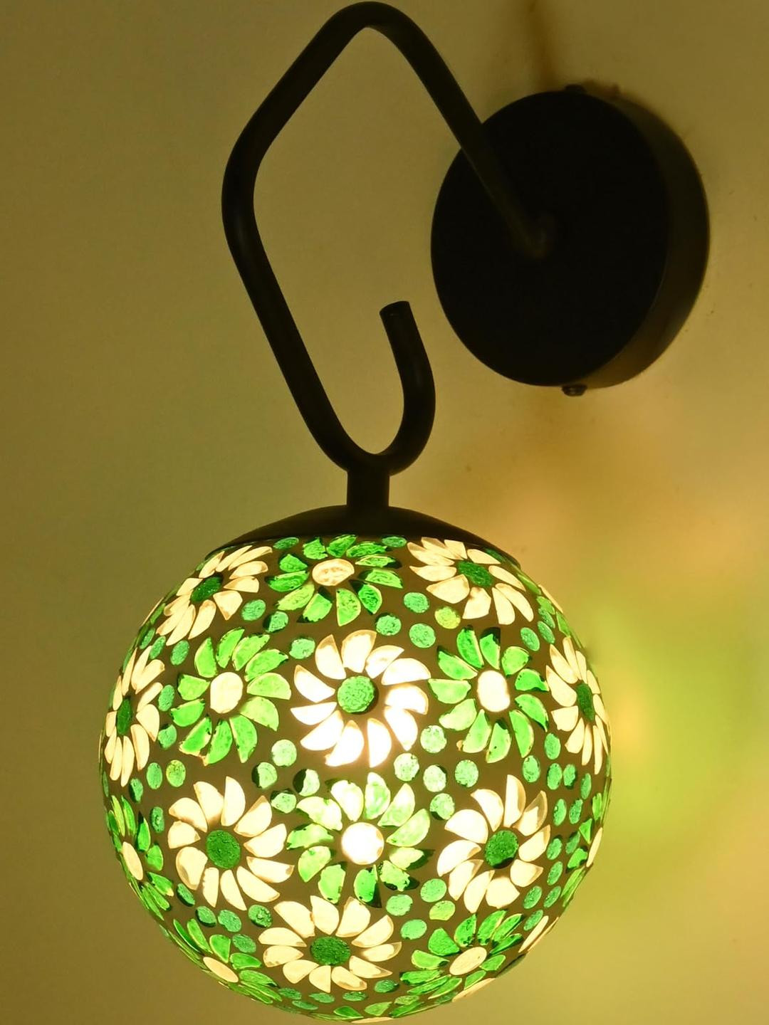 SOMIL Unisex Green Color Floral Printed Glass Spherical Shaped Decorative Wall Lamp