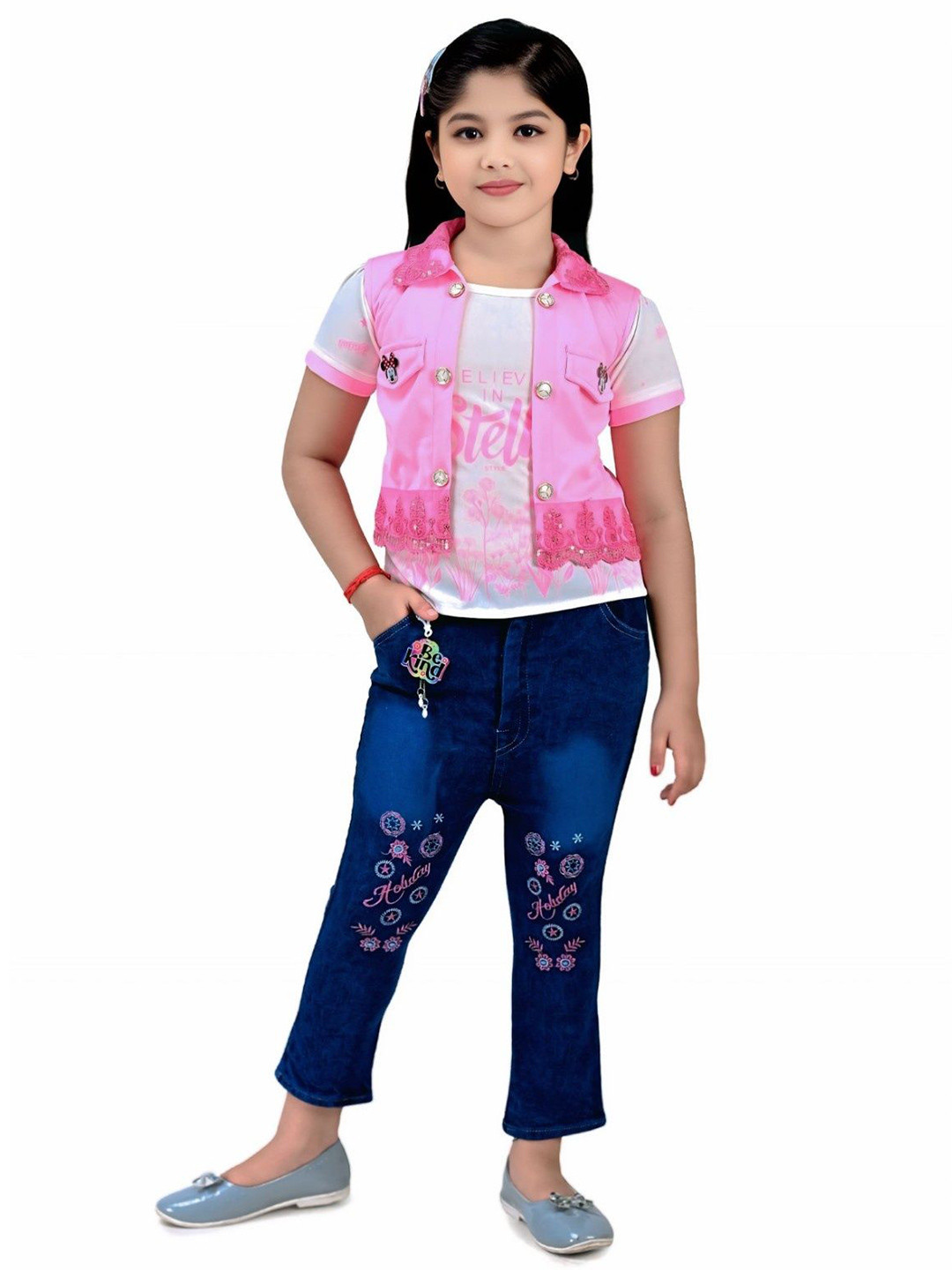 JIYAN FASHION WORLD Girls Printed Shirt Collar Top With Trousers