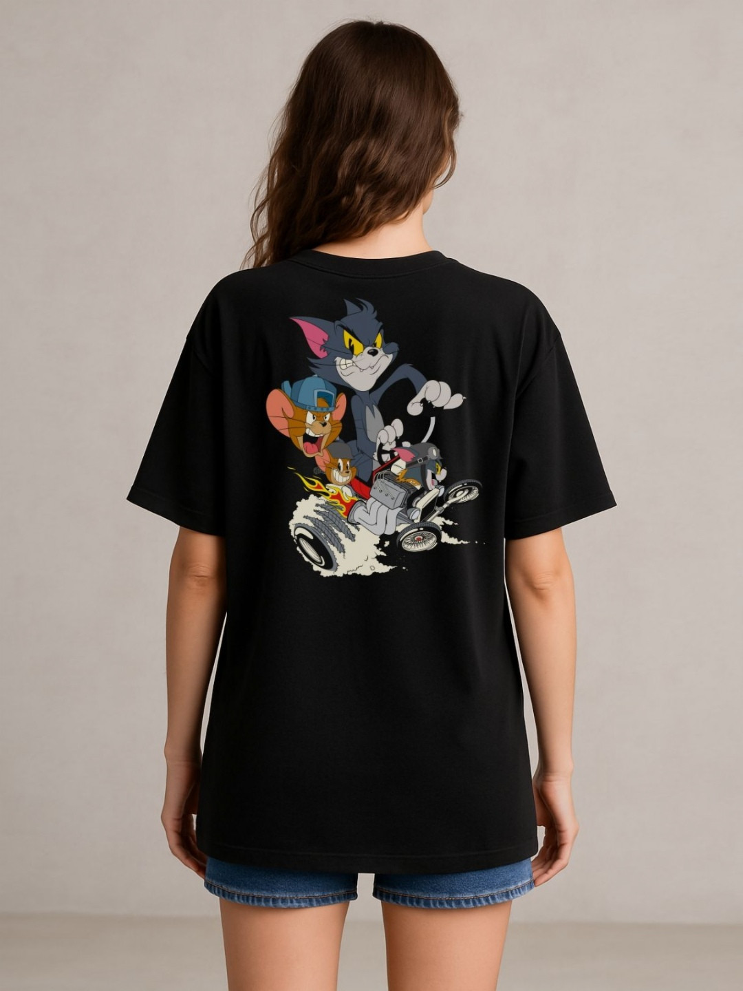 Anikmart Women Tom & Jerry Dri-FIT Graphic Printed Round Neck Cotton Oversized T-shirt