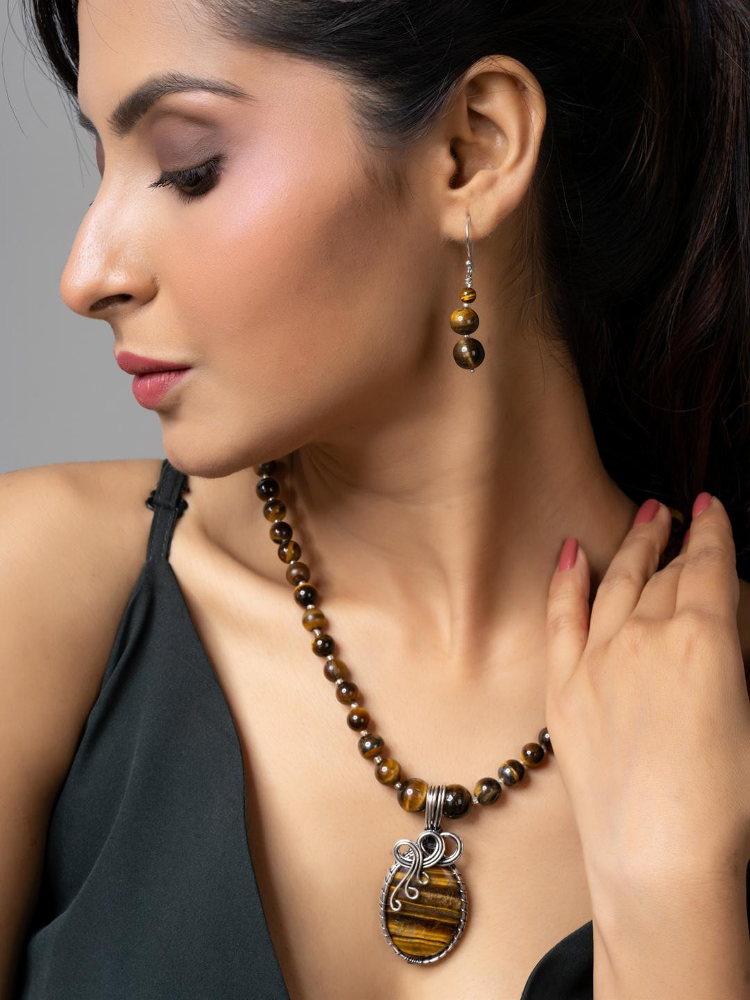 Look and Adorn Designer Golden Brown Tiger Eye Stone Necklace Set with Earring