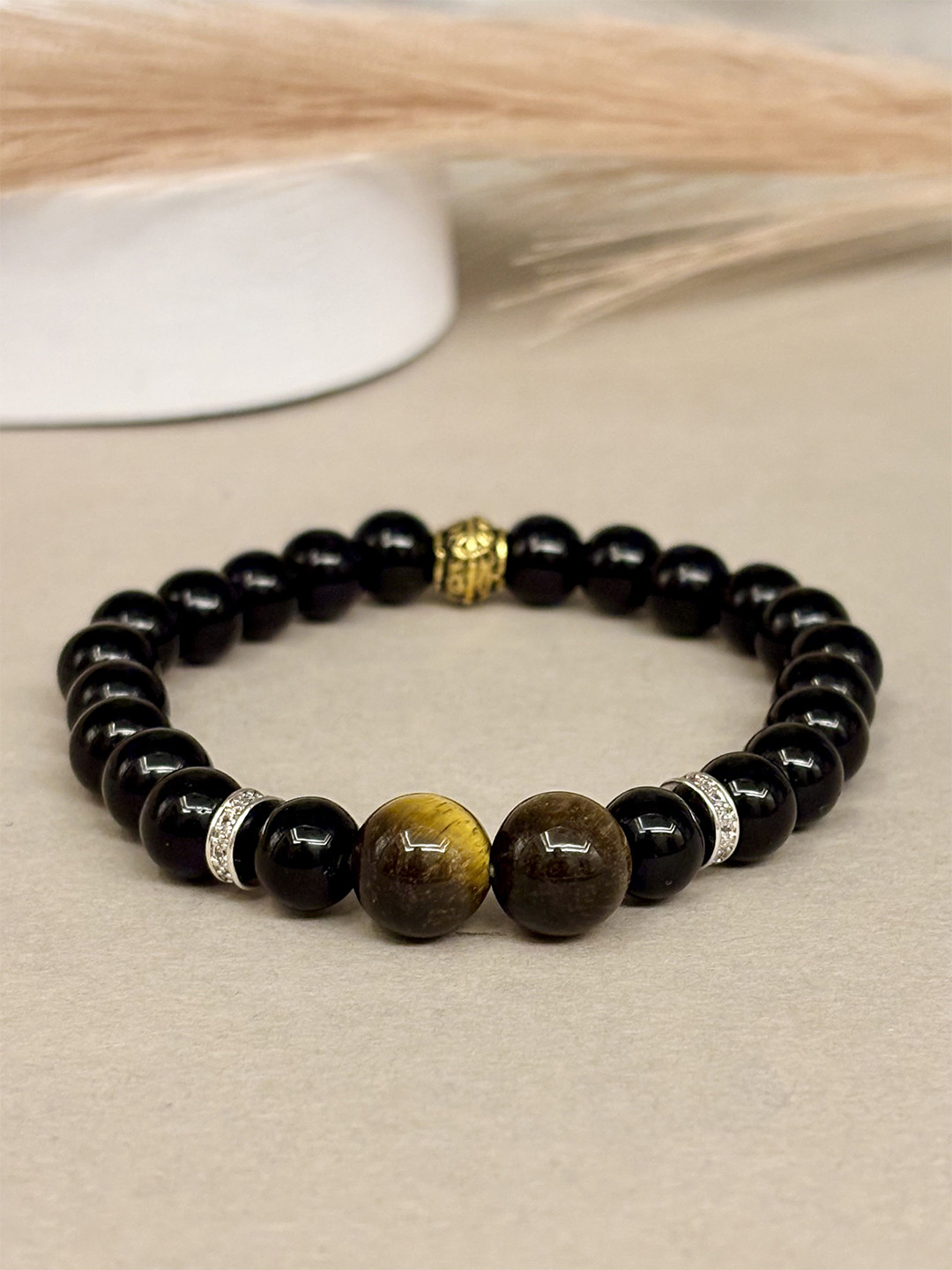 SANAA CREATIONS Night Ember Unisex Onyx Beaded Elasticated Bracelet