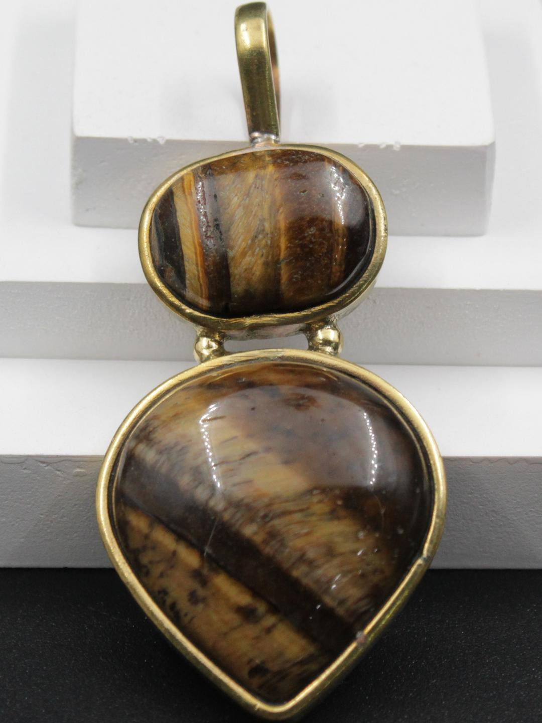 Original Tigers Eye Double Stone Locket Men Women,Ashtadhatu Golden Coated Different Shapes Pendant Neck,Big Size Tiger Gold Color Locket Without Chain (1 Pc)