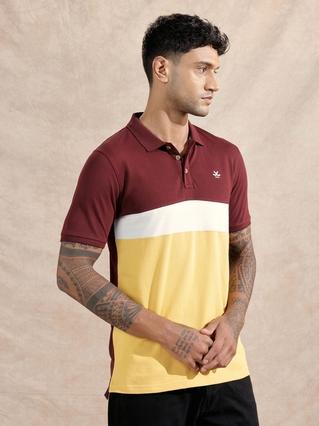 WROGN Men Colourblocked Polo Collar Cotton Slim Fit T-shirt