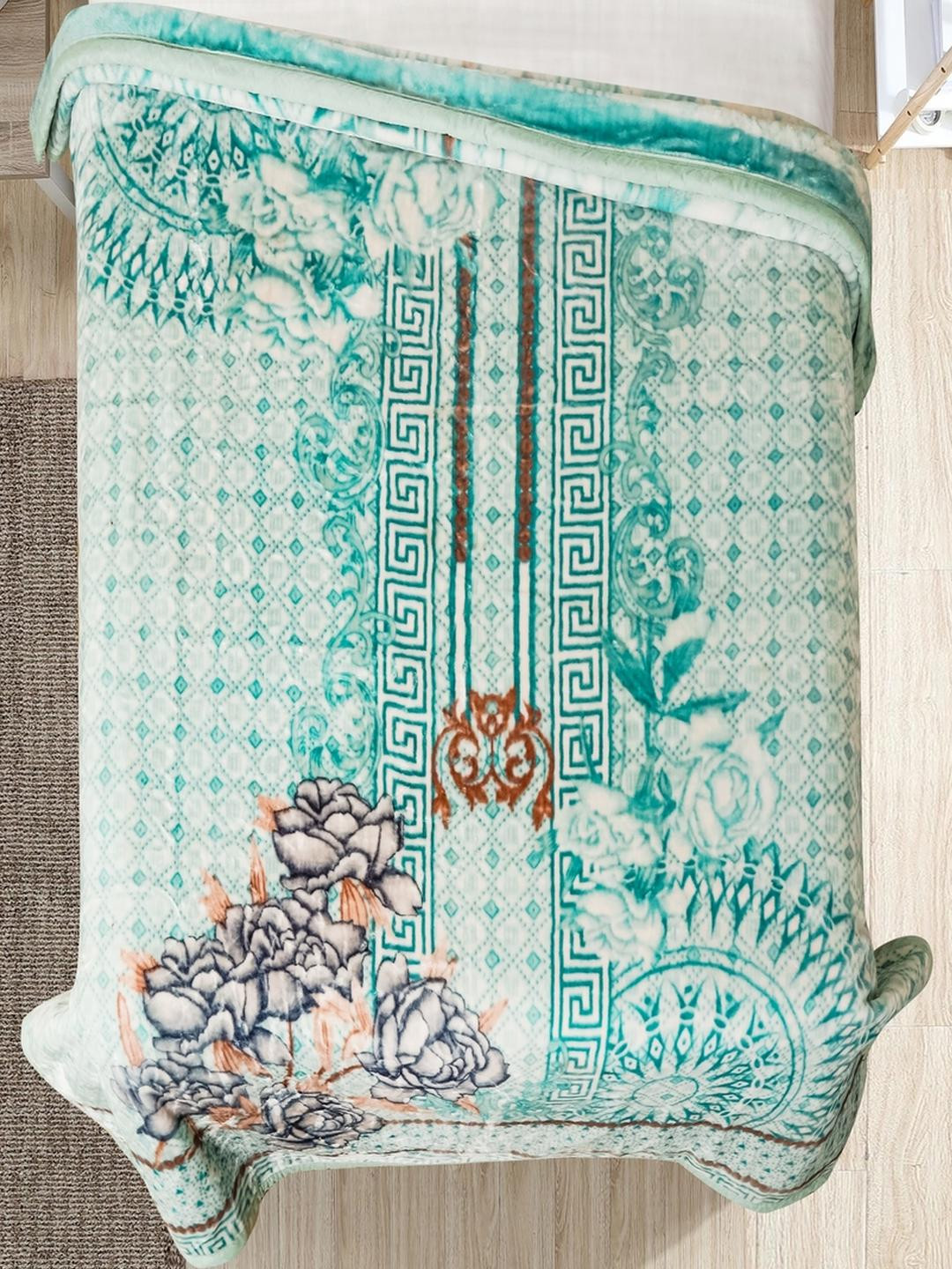 Signature Lime Green & White Ethnic Motifs Mink Heavy Winter Double Bed Blanket