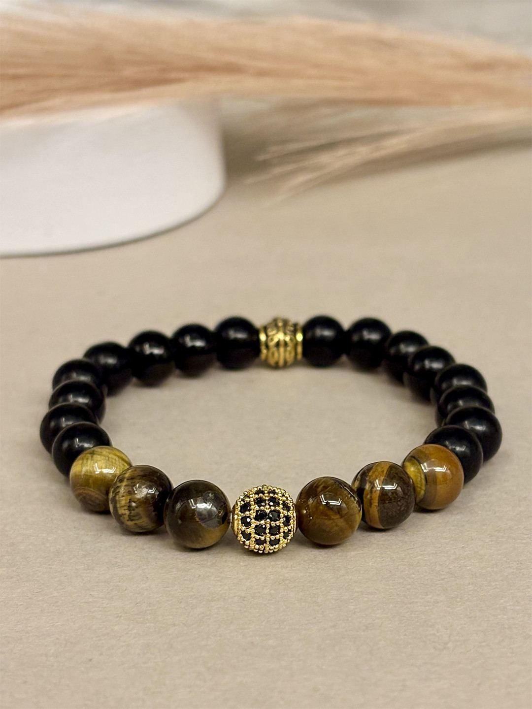 SANAA CREATIONS Unisex Obsidian Blaze Onyx & Jasper Stones Studded Elasticated Bracelet