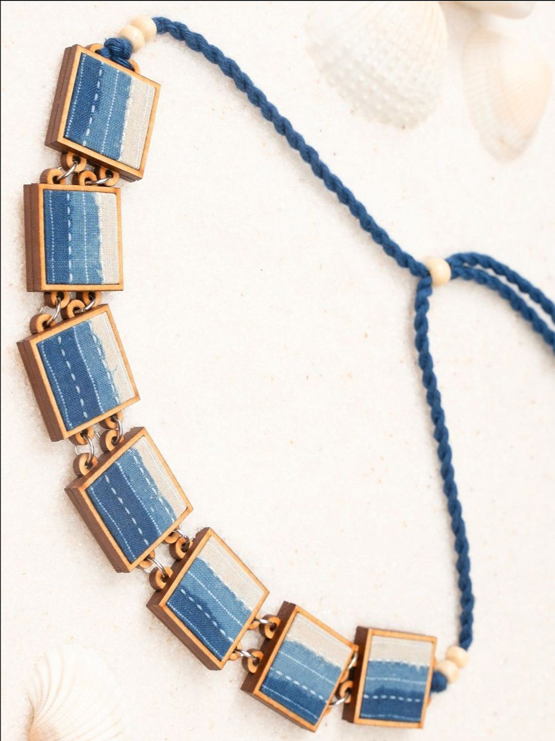 WHE Shades of Indigo Blue Repurposed Fabric and Wood Square Choker Necklace