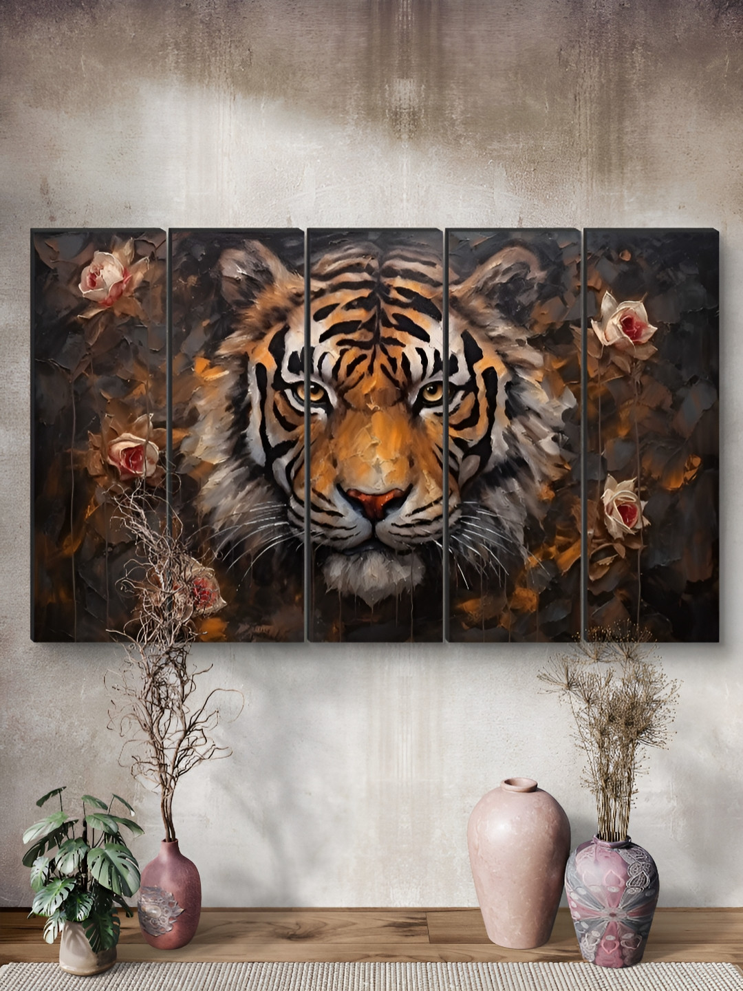 Myntra Elegant Homes Brown & White 5 Pieces Fierce Tiger MDF Wooden Wall Art