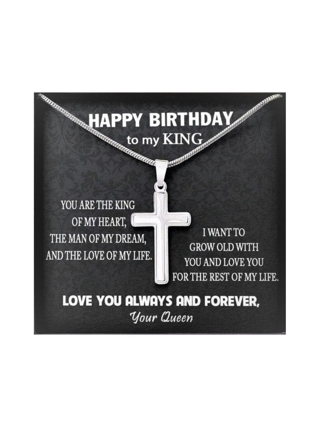 Silver Gift Husband Necklace, Happy Birthday To My King Cross Necklace, Birthday Necklace Gift For