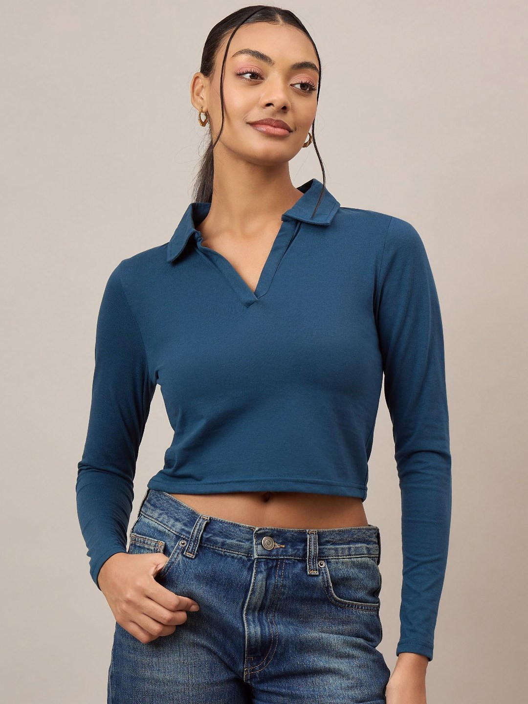 R.Code by The Roadster Life Co. Women Solid Polo Collar CropCotton  T-shirt