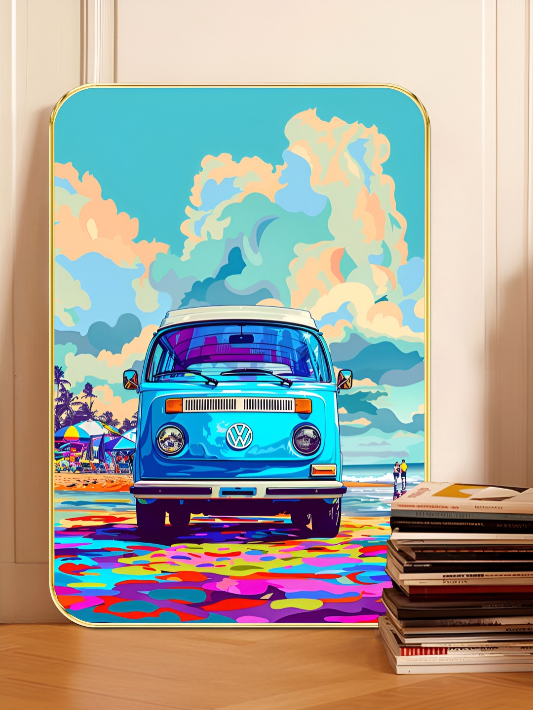 SAF Blue & Pink Retro Beach Van Pop Art MDF Wall Art