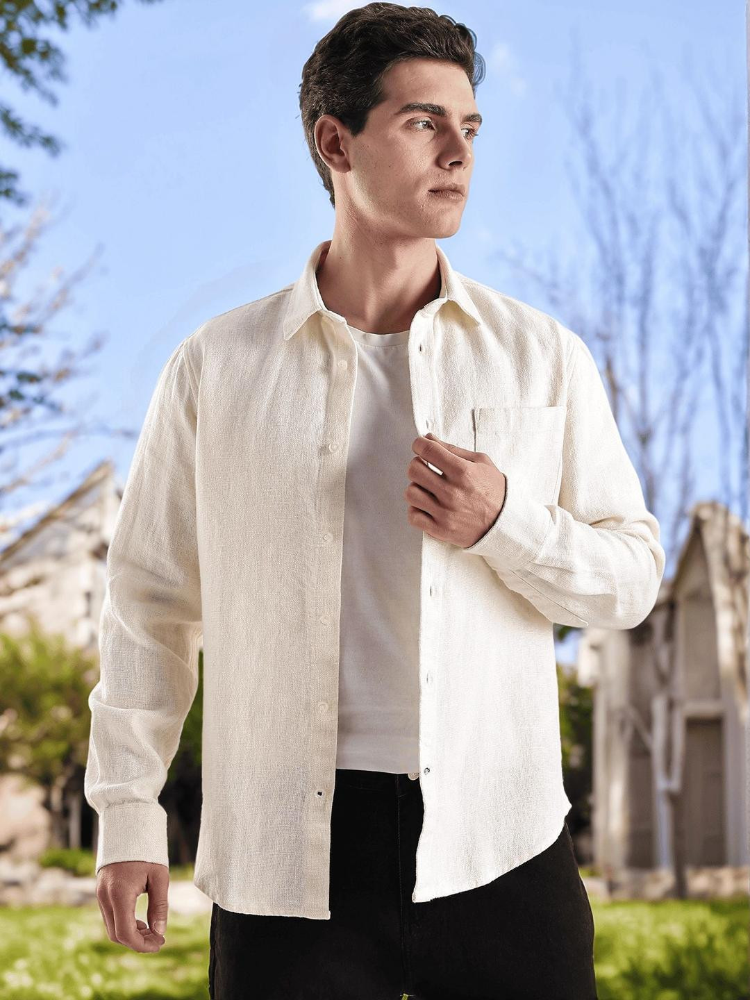 Nautica Men Premium Pure Heavy Linen Solid Shirt