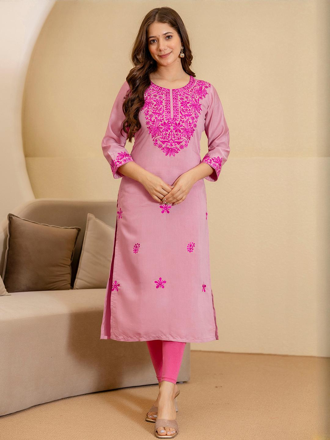 Uparna Women's Dusty Pink Silk Embroidered Calf Length Straight Kurta