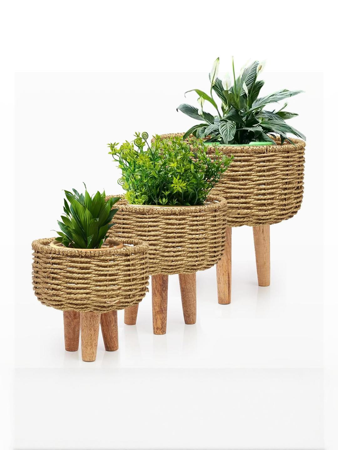 Go Hooked Jute Plant Stands with Wooden Legs Set of 3 Multipurpose Woven Organizer