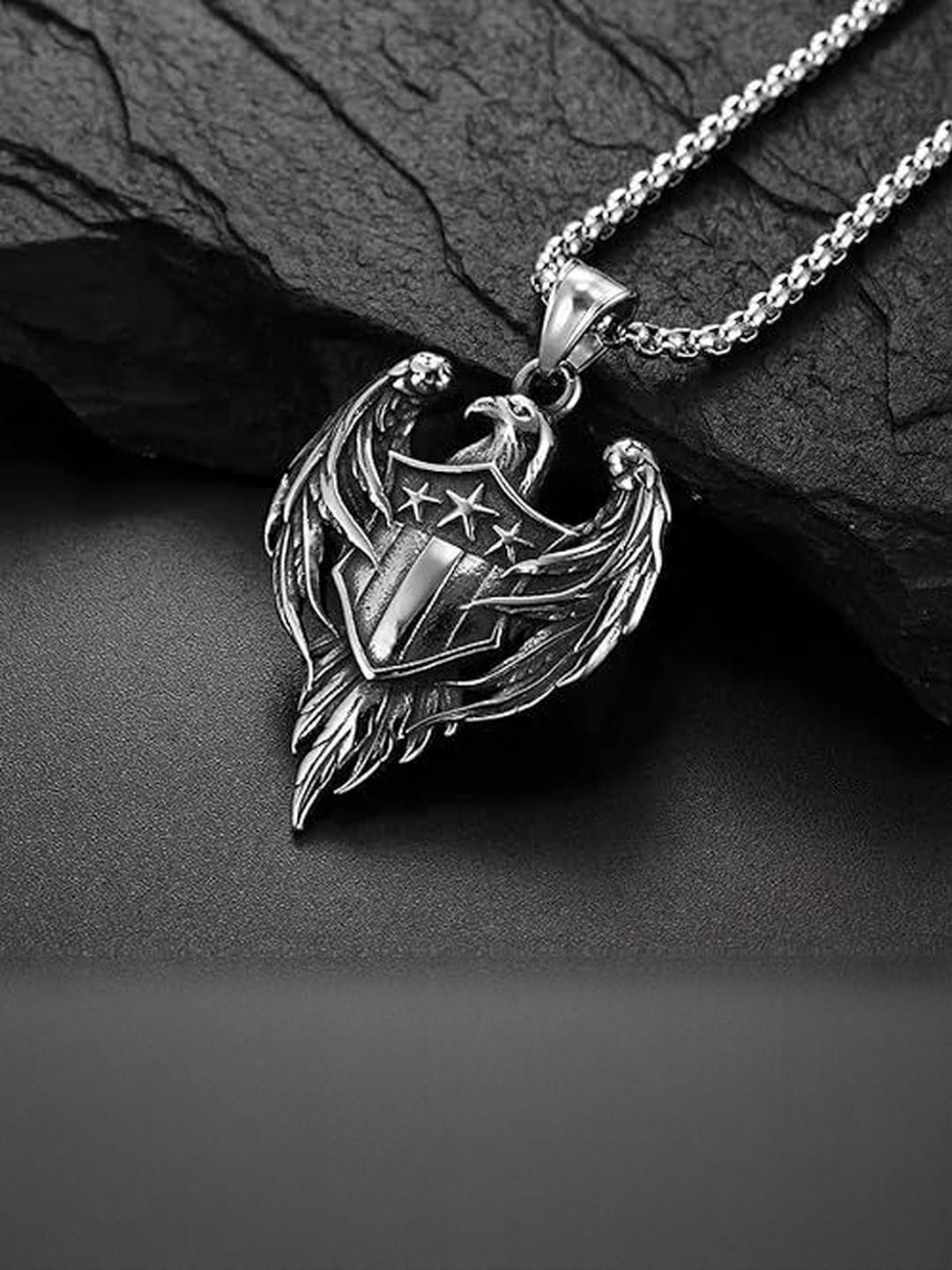 Roadster Stainless Steel Silver-Plated American Eagle Pendants With Chains