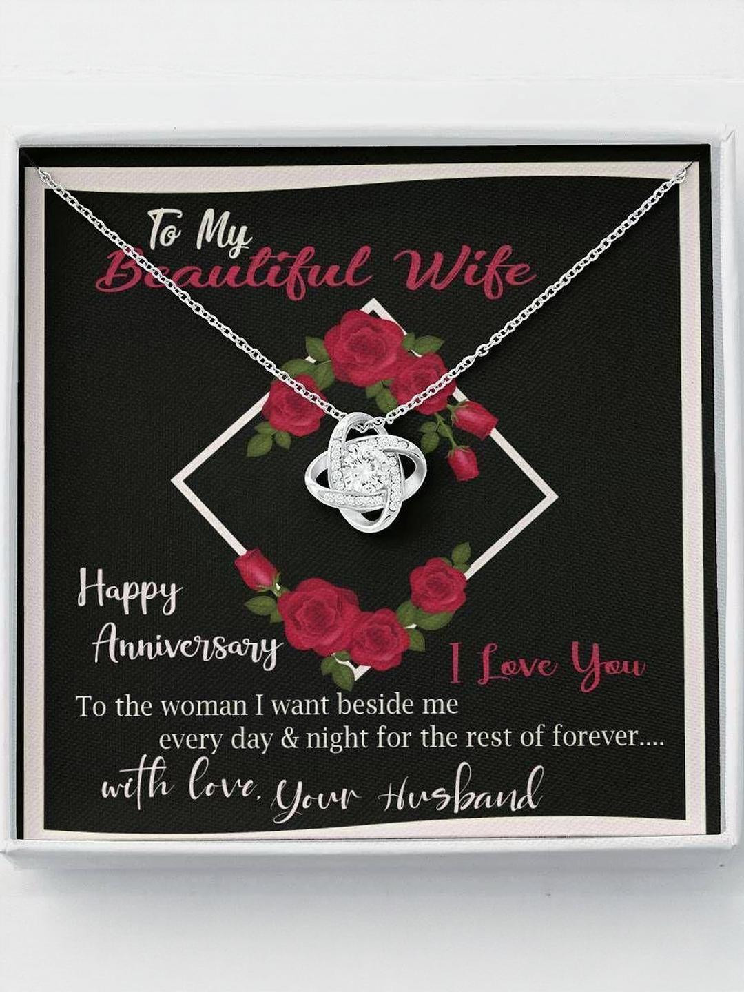 Silver Gift Wife Necklace, Love Knot Necklace Cubic Zirconia Pendant Happy Anniversary To My Beauti