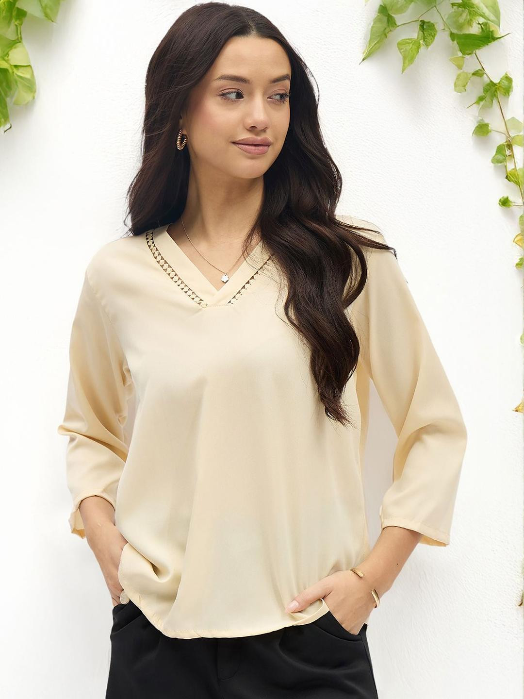 Anouk Rustic Women Solid V-Neck Lace Inserts Casual Top