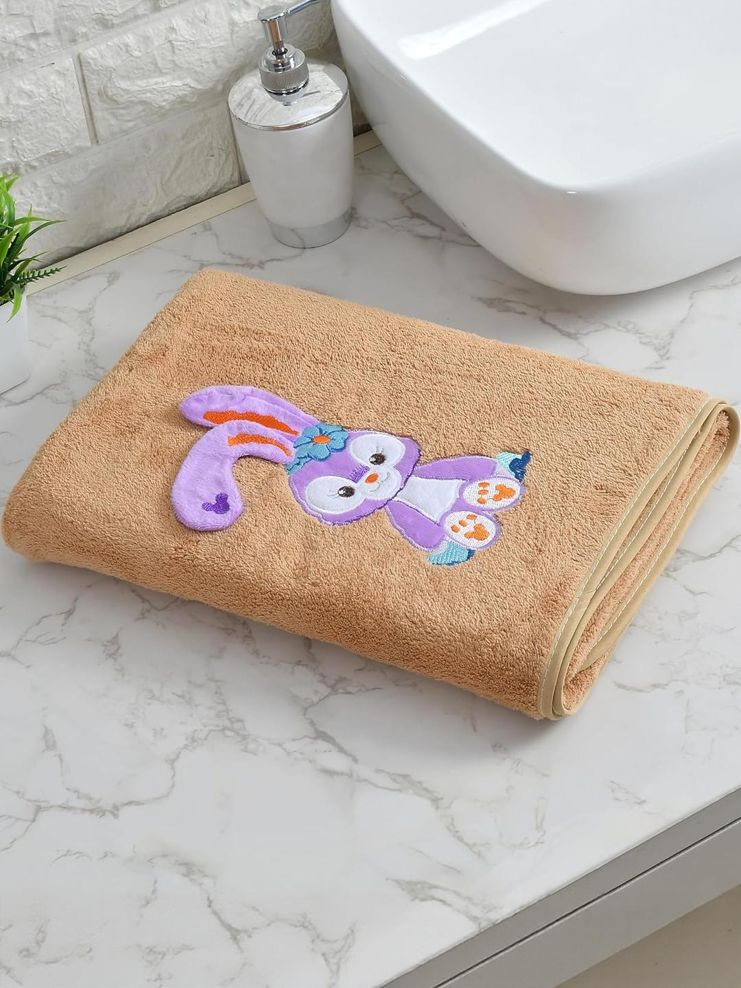 Cotton Bolls Textiles Beige Bunny Bliss  & Violet 1 300 GSM Bath Towel