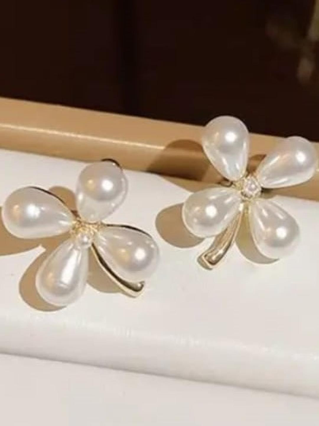 Amrav Women White & Gold-Plated Four Leaf Earrings