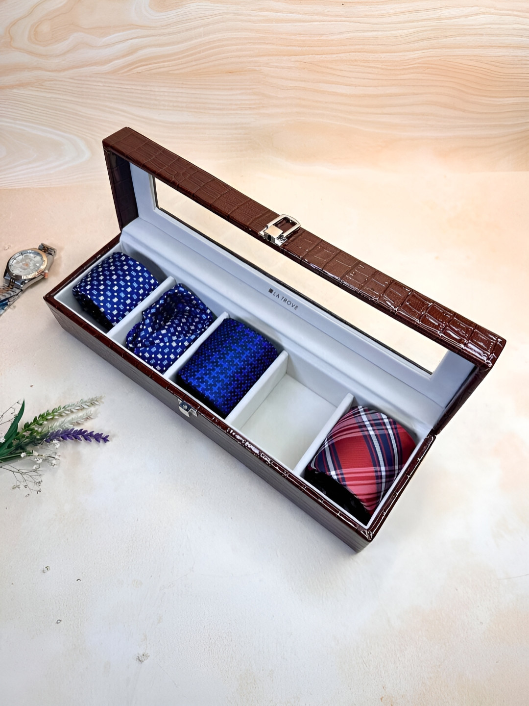 La Trove Men 5 Slot Brown Leather Tie Organizer Box for Wardrobe Closet