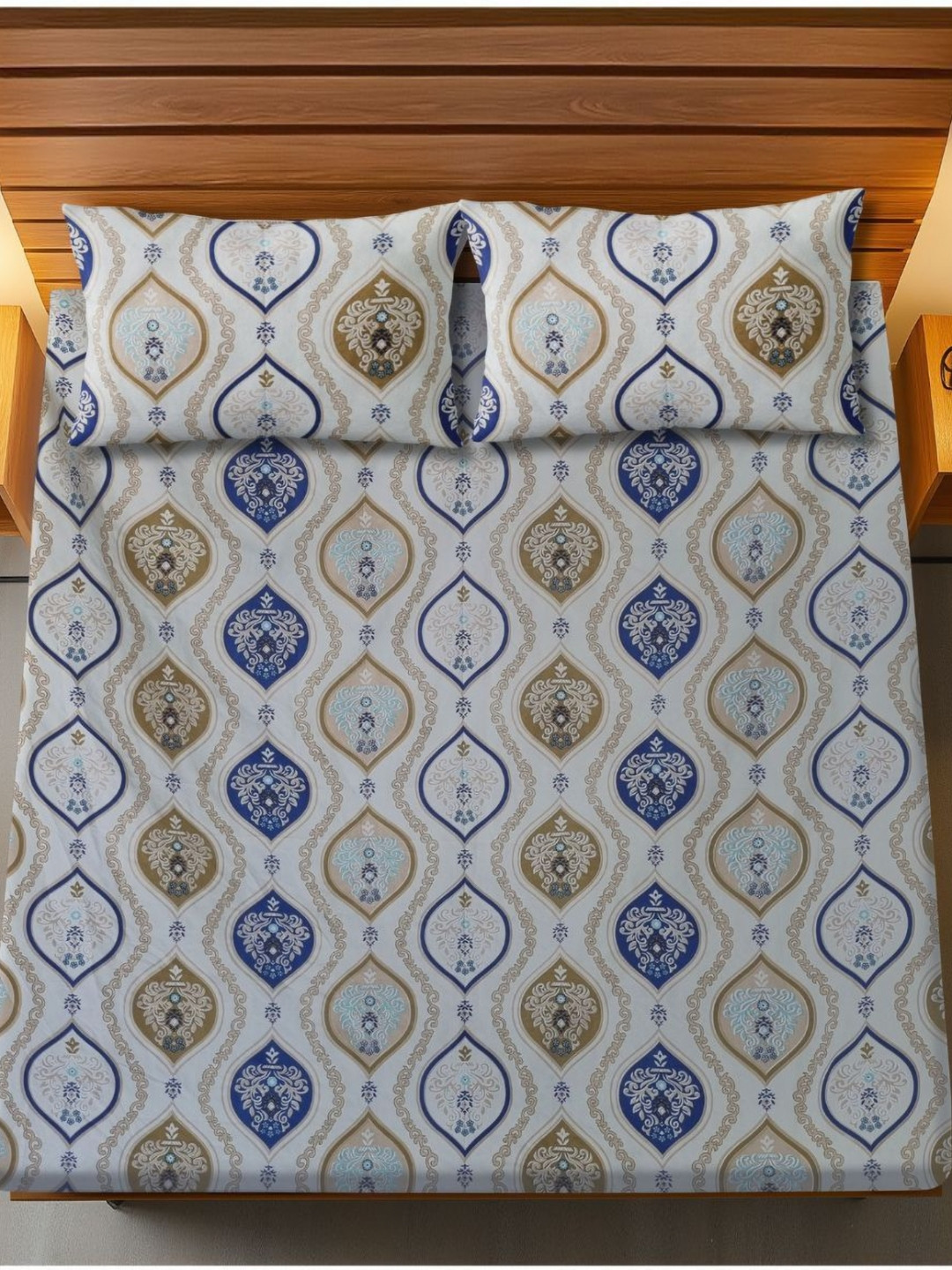 HARYANA HOOPS Beige & Blue Ethnic Motifs Printed 220 TC Queen Bedsheet Set 2.36m x 2.05m
