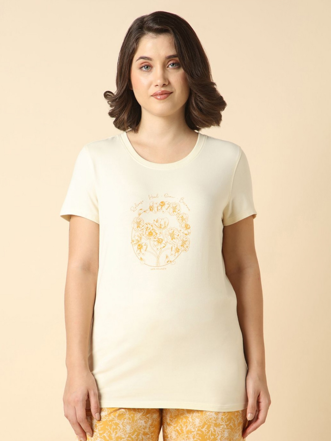 Van Heusen Women Cotton Graphic Print Round Neck Lounge T-Shirt Breathable Fabric