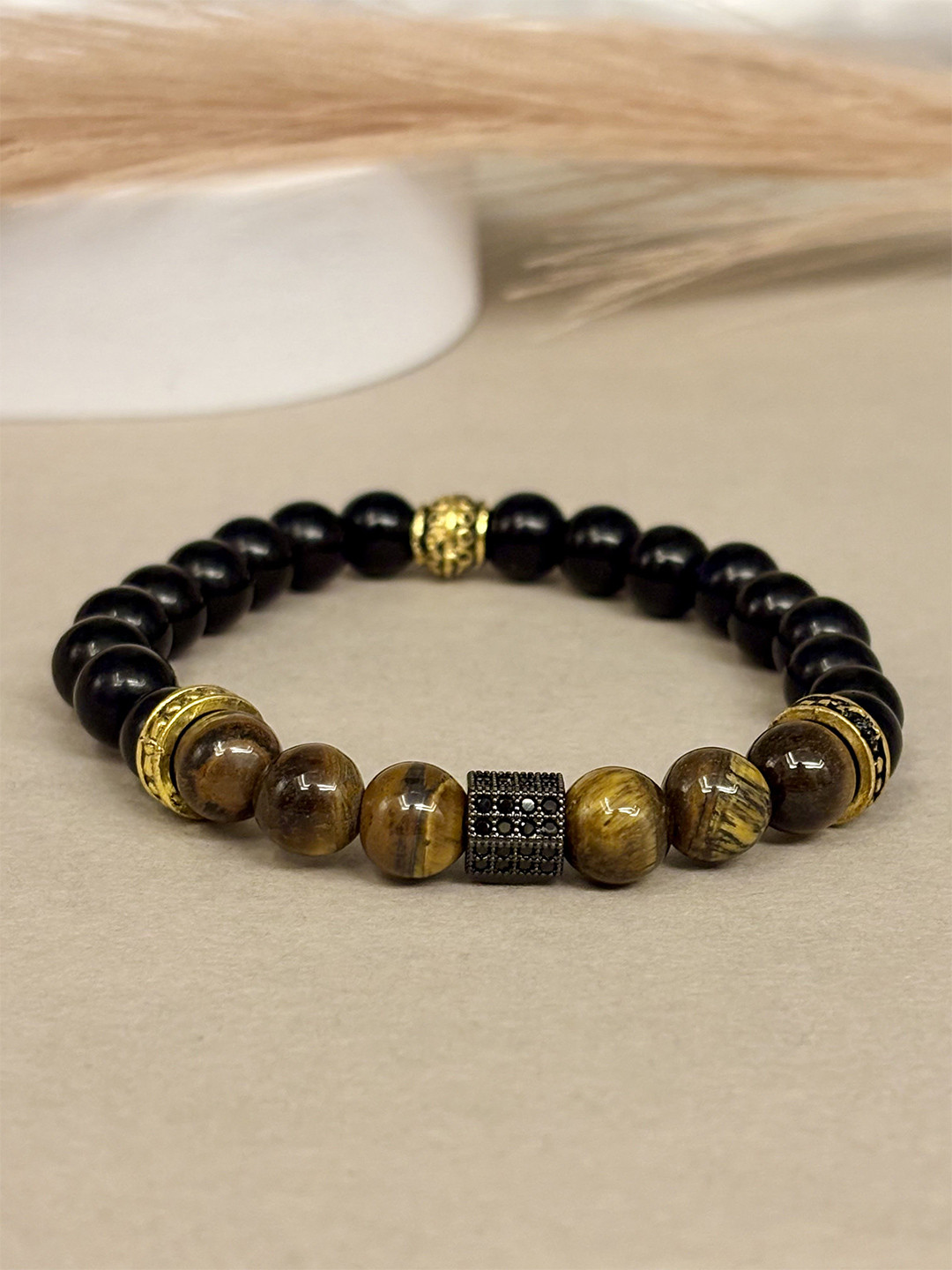 SANAA CREATIONS Unisex Onyx & Tigers Eye Beaded Elasticated Bracelet
