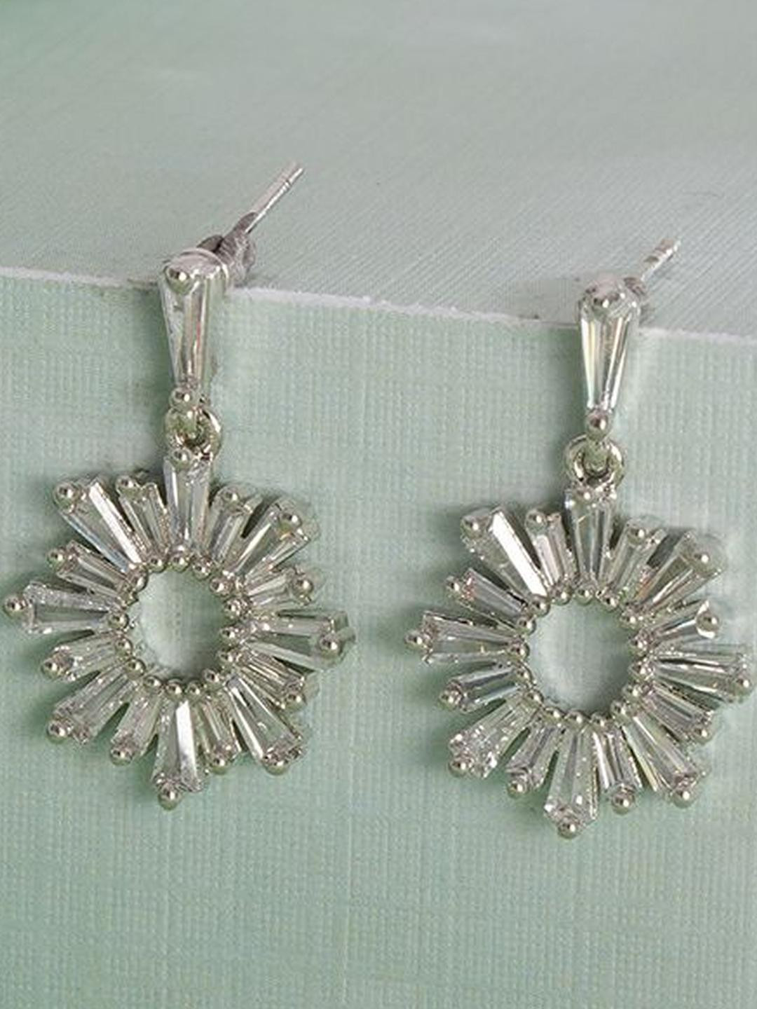 DressBerry Rhodium-Plated Crytals Studded Circular Shaped Drop Earrings