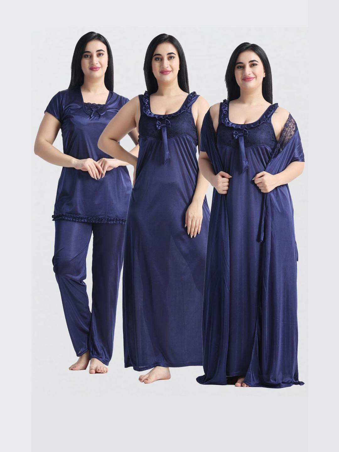 NIGHT KEYS Pack Of 3 Square Neck Satin Nightdress With Night Suit & Robe