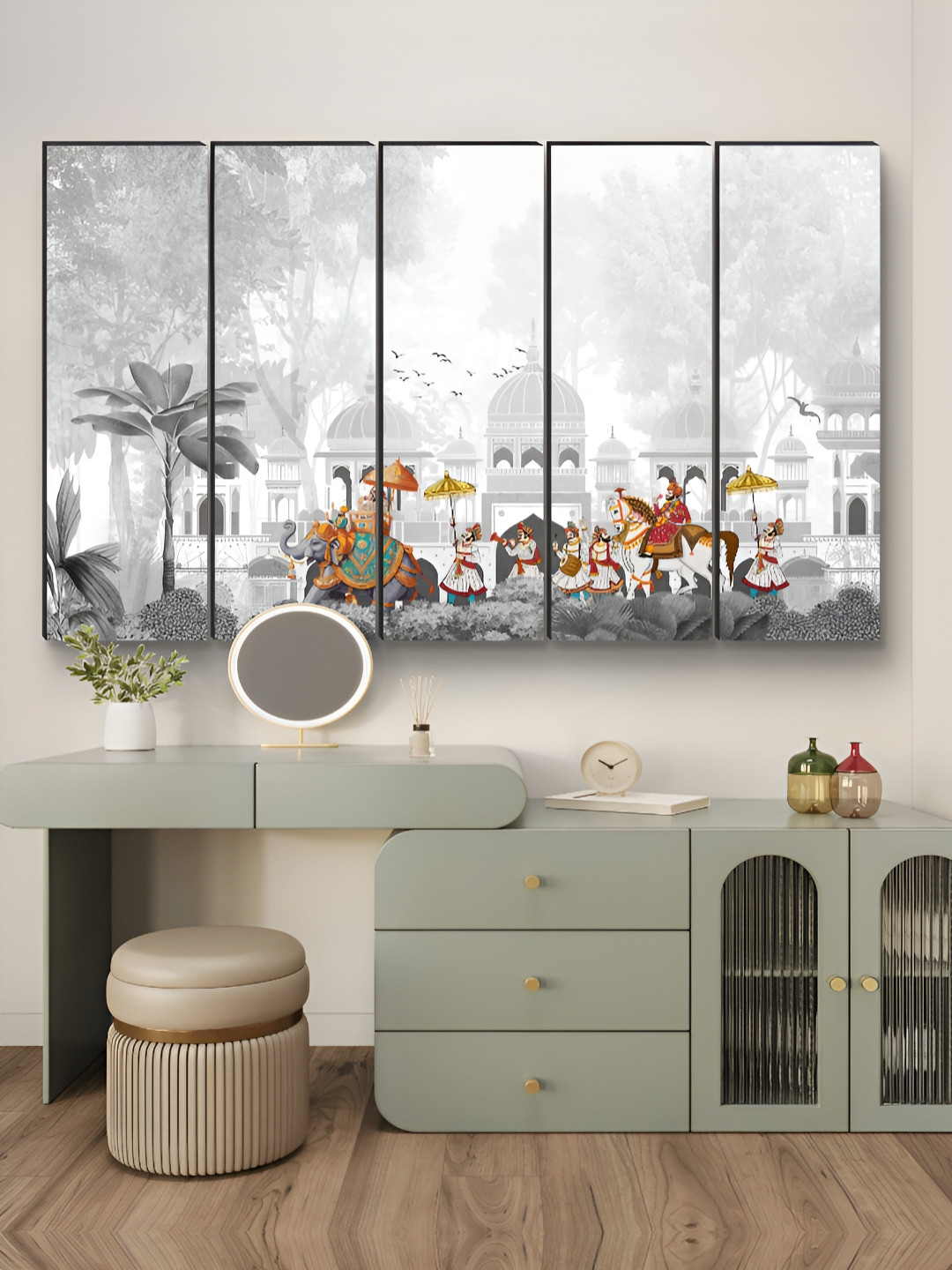 Myntra Elegant Homes Grey & White 5 Pieces Royal Indian Wedding MDF Wooden Wall Art