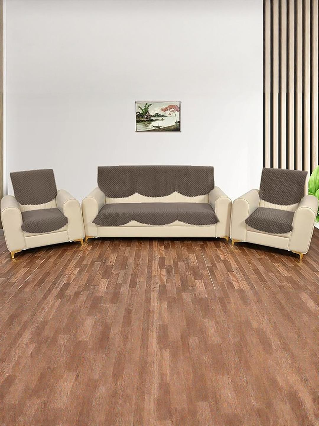 RADECOR Coffee Brown Solid Velvet Sofa Cover Without Arms