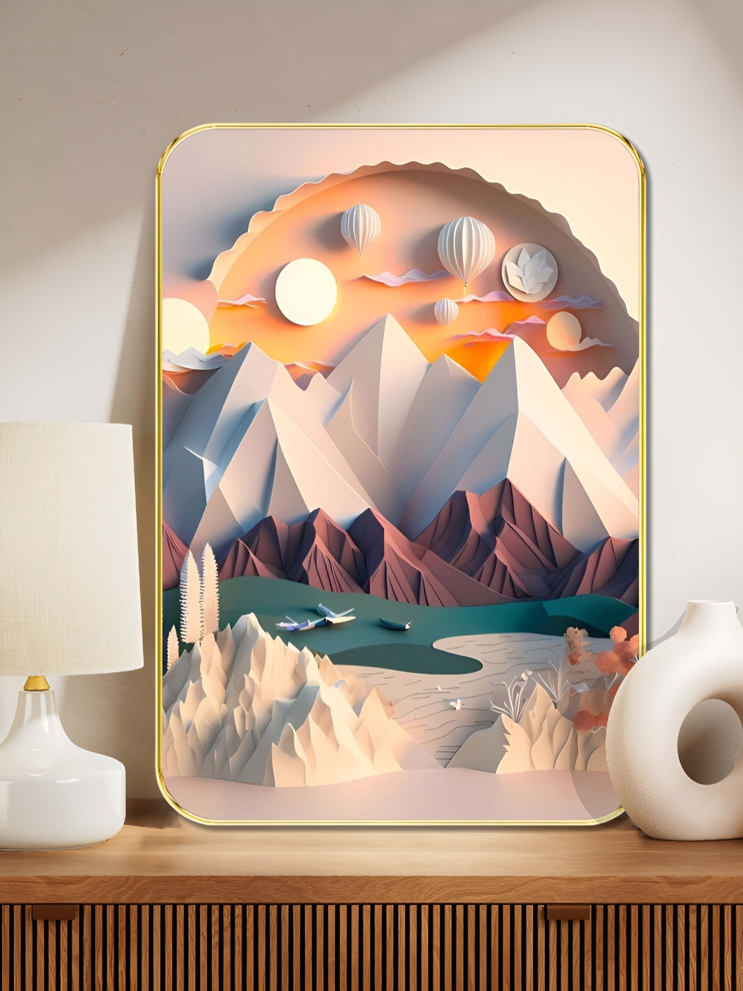 SAF Nude & Orange Surreal Mountain Landscape Wooden Wall Art