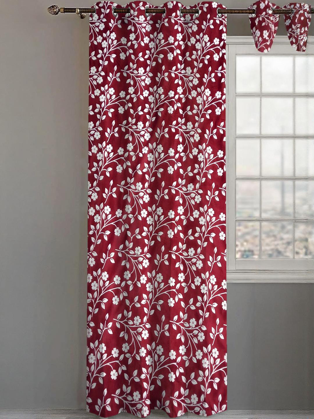Lunar Days Unisex Set Of 1 Maroon And White Floral Ripple Fold Regular Window Curtain