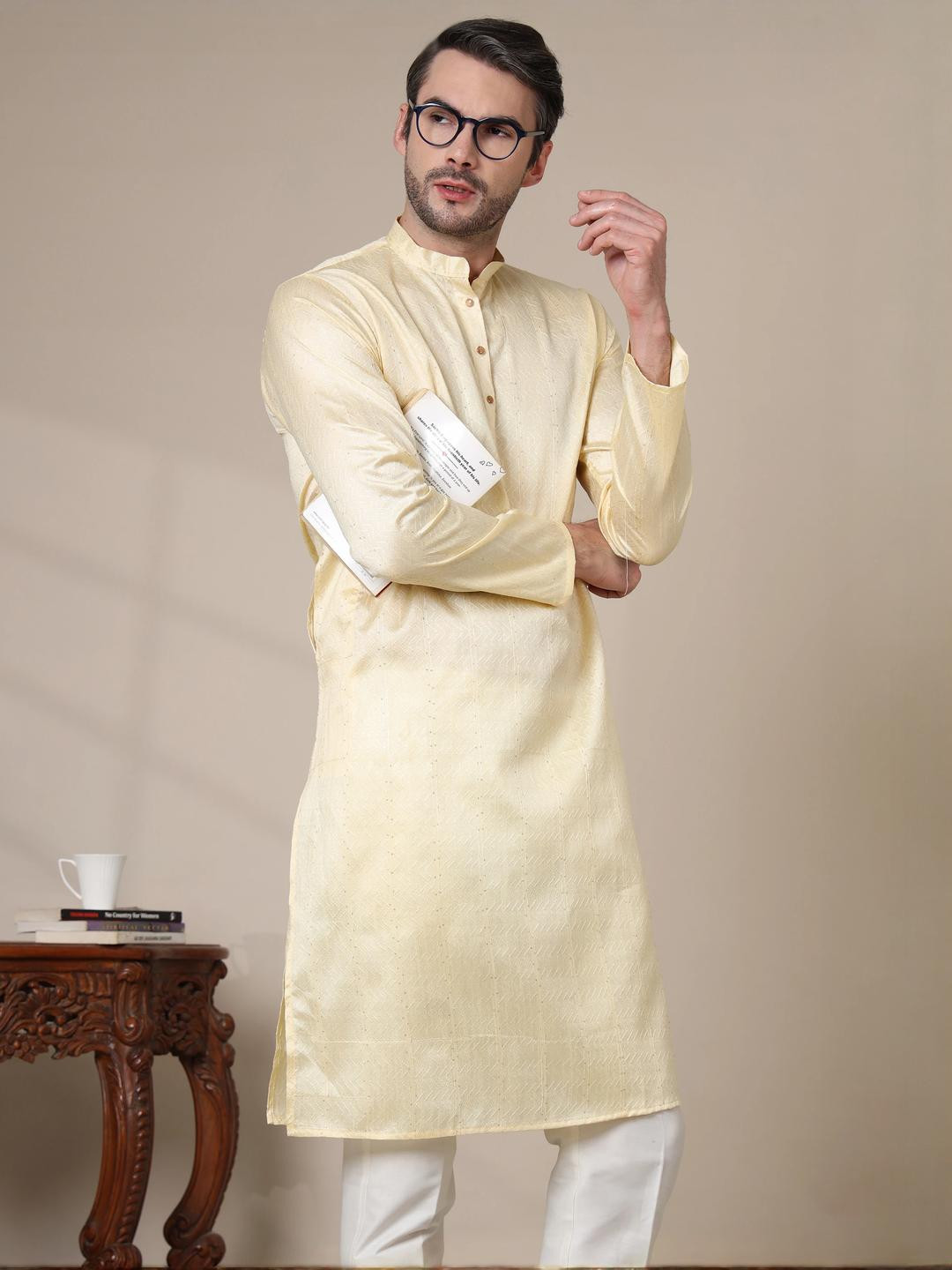 ADHIRAJAN Men Cotton Silk Woven Design Straight Kurta