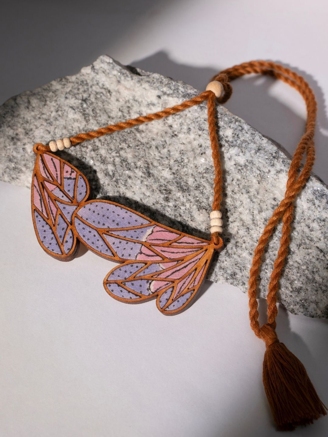 WHE Artificial Beaded Bloom Leaf Motif Repurposed Fabric and Wood Necklace