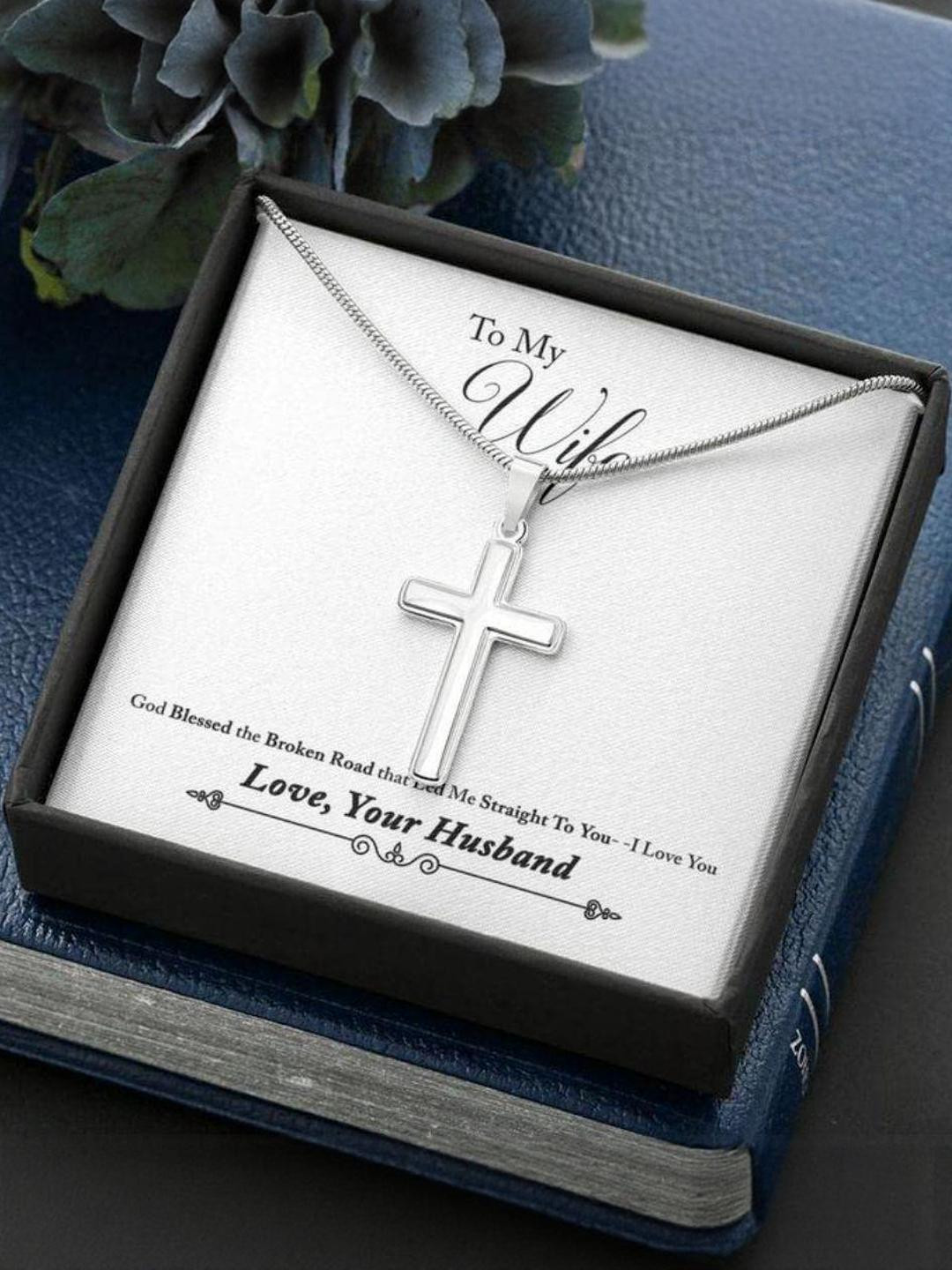 Silver Gift Wife Necklace, Wife Gift Cross Necklace Broken Road To Wife From Husband Faithful Cross