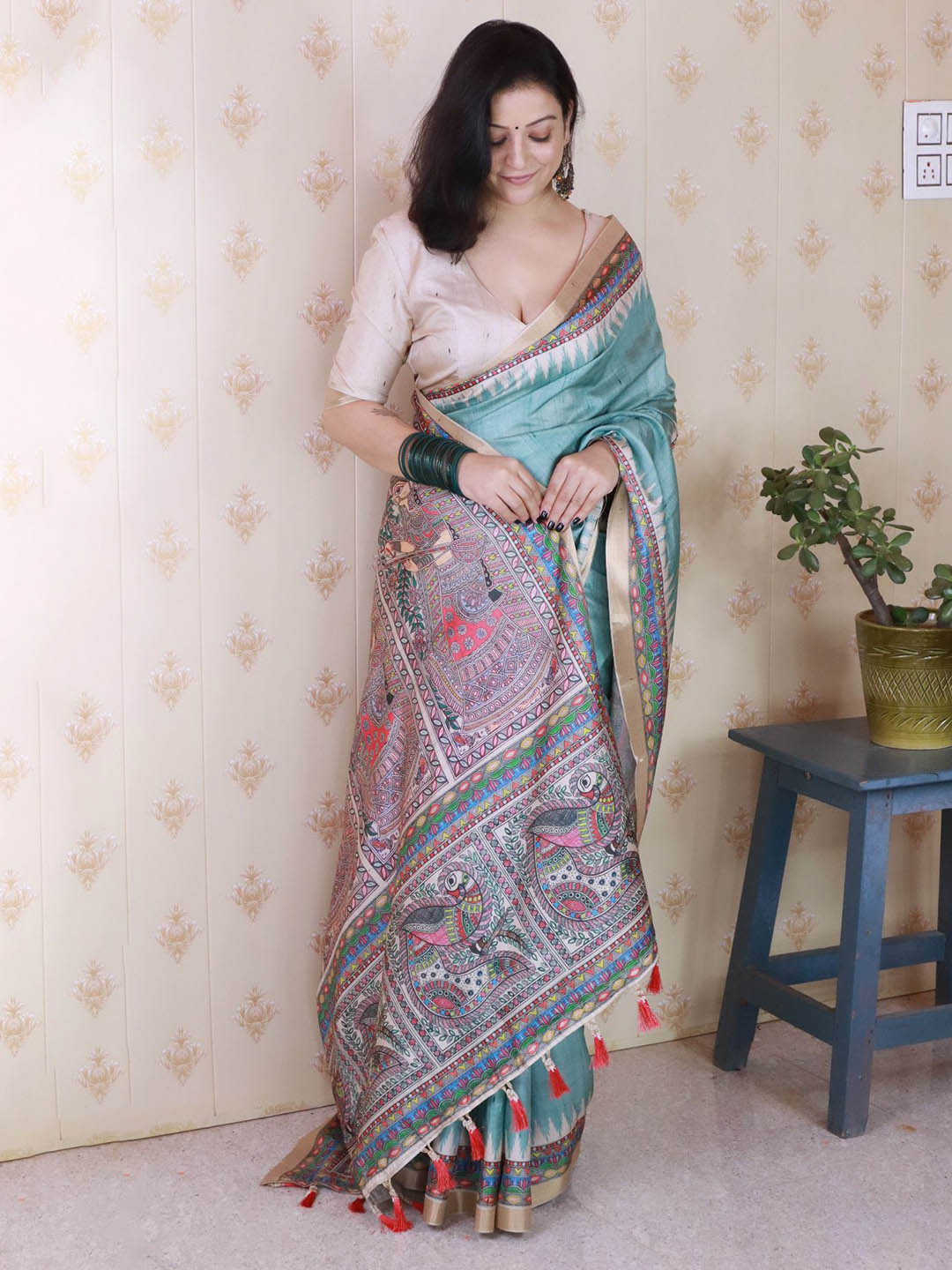 ELITE WEAVES Kalamkari Printed Zari Tussar Silk Saree
