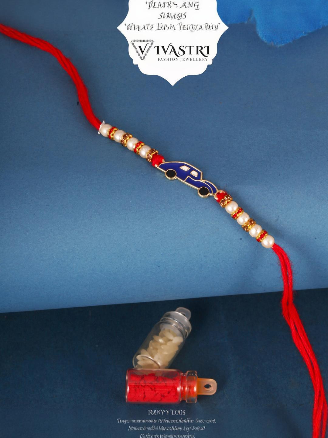 Vivastri Blue Car Gold and Rhodium Plated Alloy Rakhi for Lovely Brother [VIVA1162RKG-BLUE]