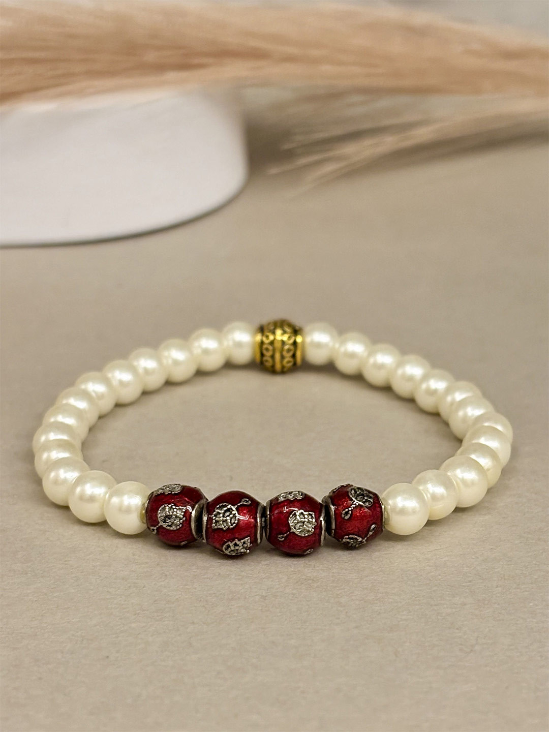 SANAA CREATIONS Unisex Grace & Crimson Blossom Stones Studded Elasticated Bracelet