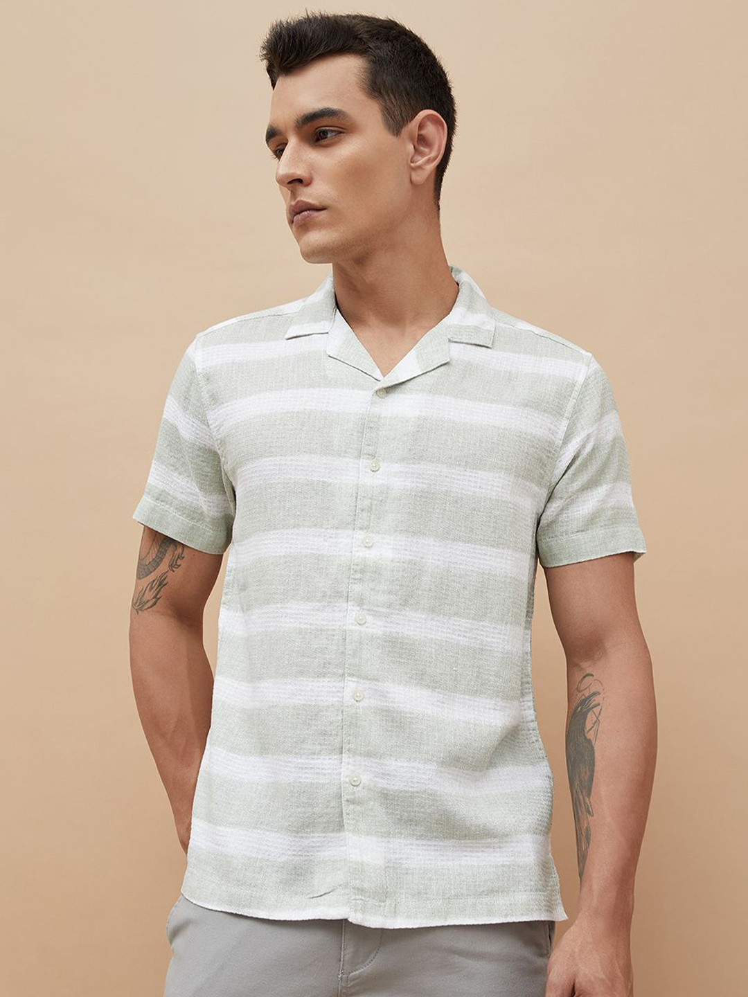 CODE by Lifestyle Horizontal Striped Short Sleeves Cotton Shirt