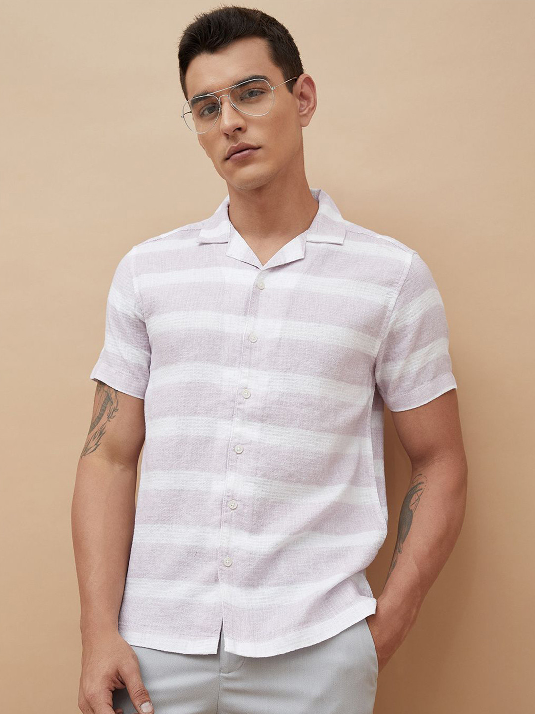 CODE by Lifestyle Horizontal Striped Cuban Collar Cotton Casual Shirt