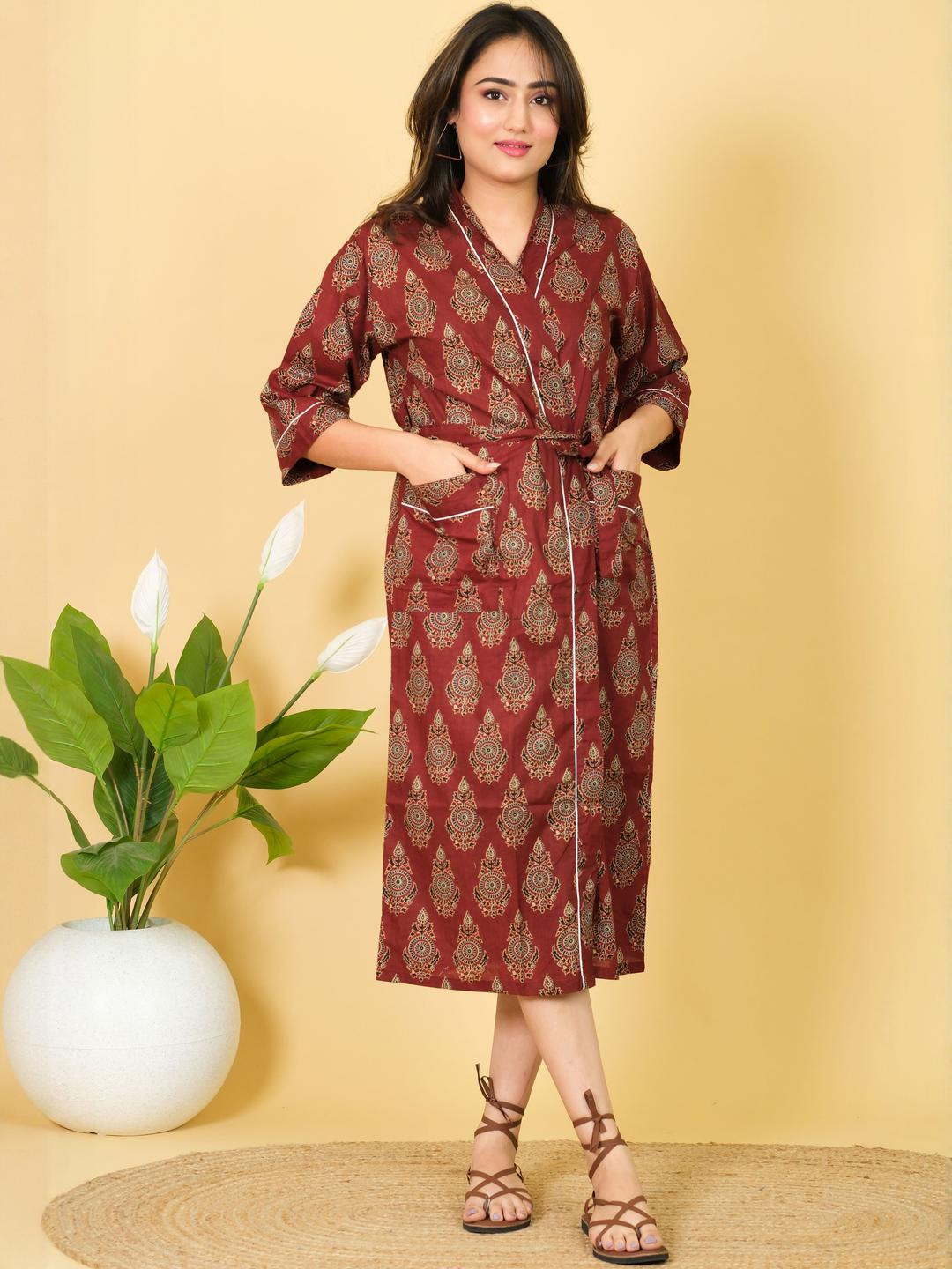 Marika Printed Cotton Wrap Around Kimono Bath Robe