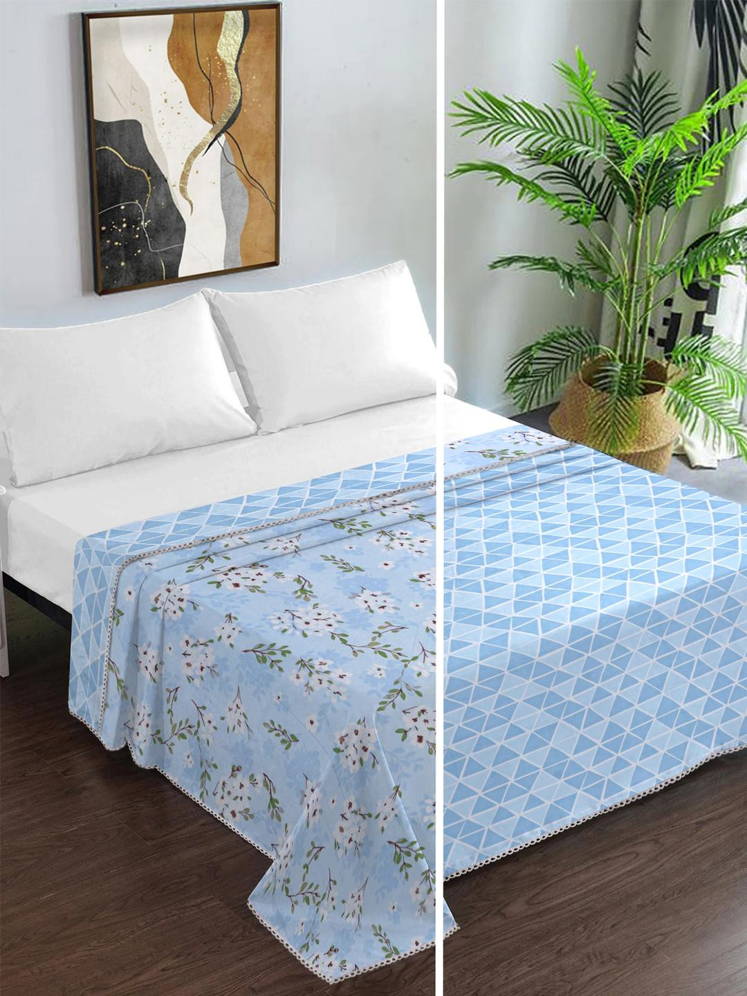 KLOTTHE Pack Of 2 Blue Floral AC Room 150 GSM Cotton Blend Double Bed Dohar