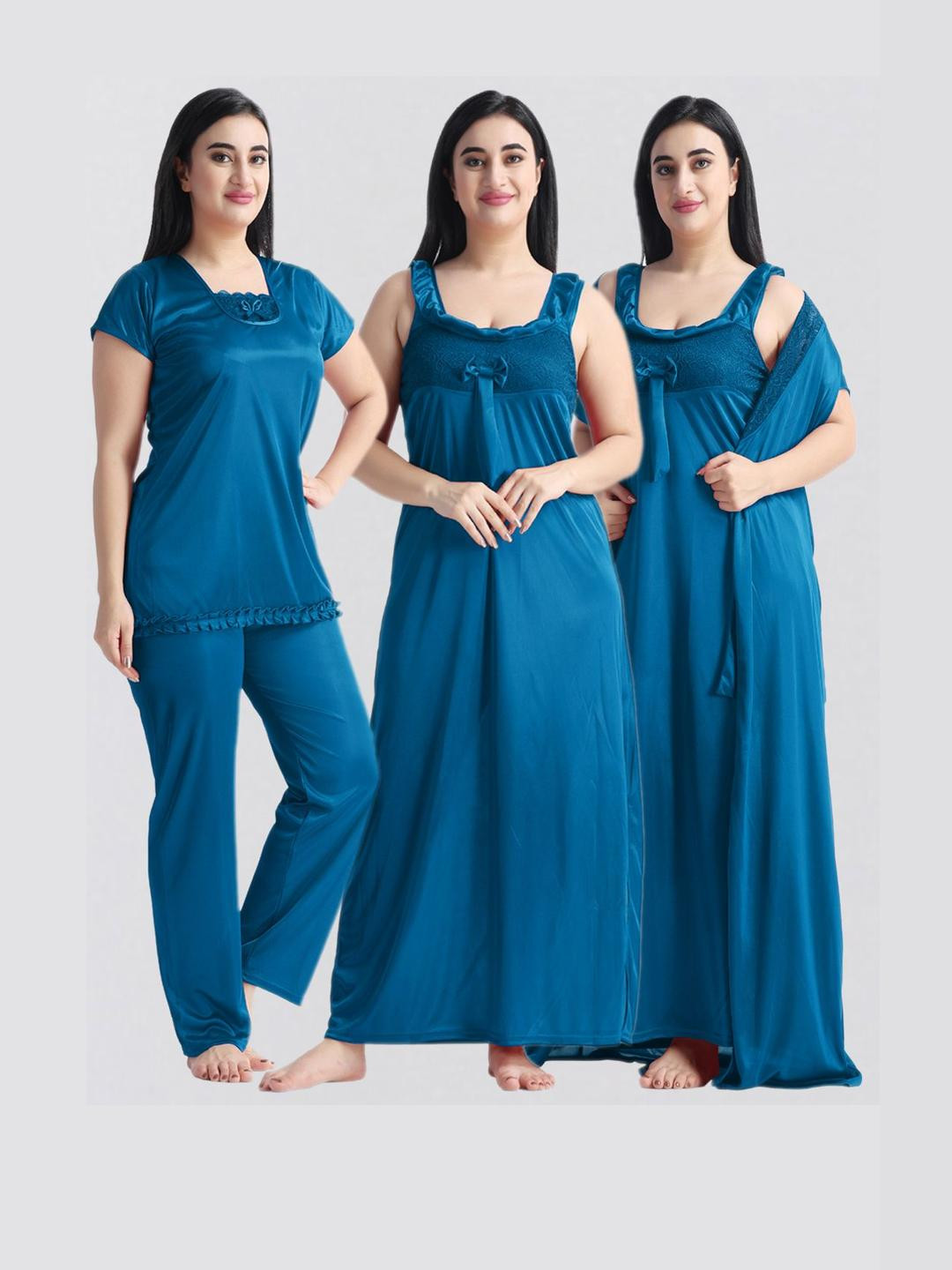 NIGHT KEYS Square Neck Satin Nightdress With Night Suit & Robe