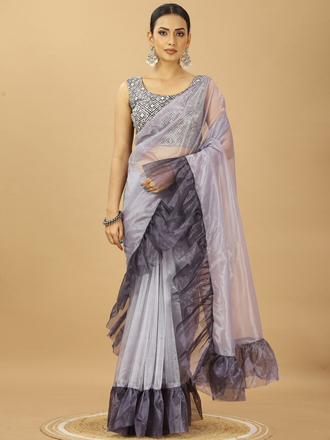 PATLANI STYLE Ruffle Style Twill Net Saree With Thread Embroidery Work Blouse Piece