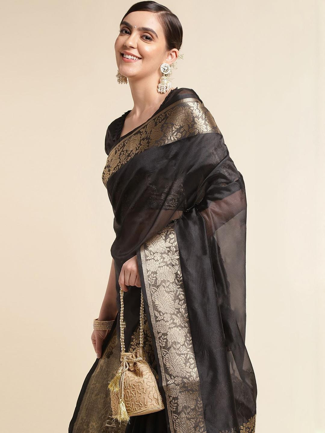 HERE&NOW Solid Black Woven Design Zari Border Saree