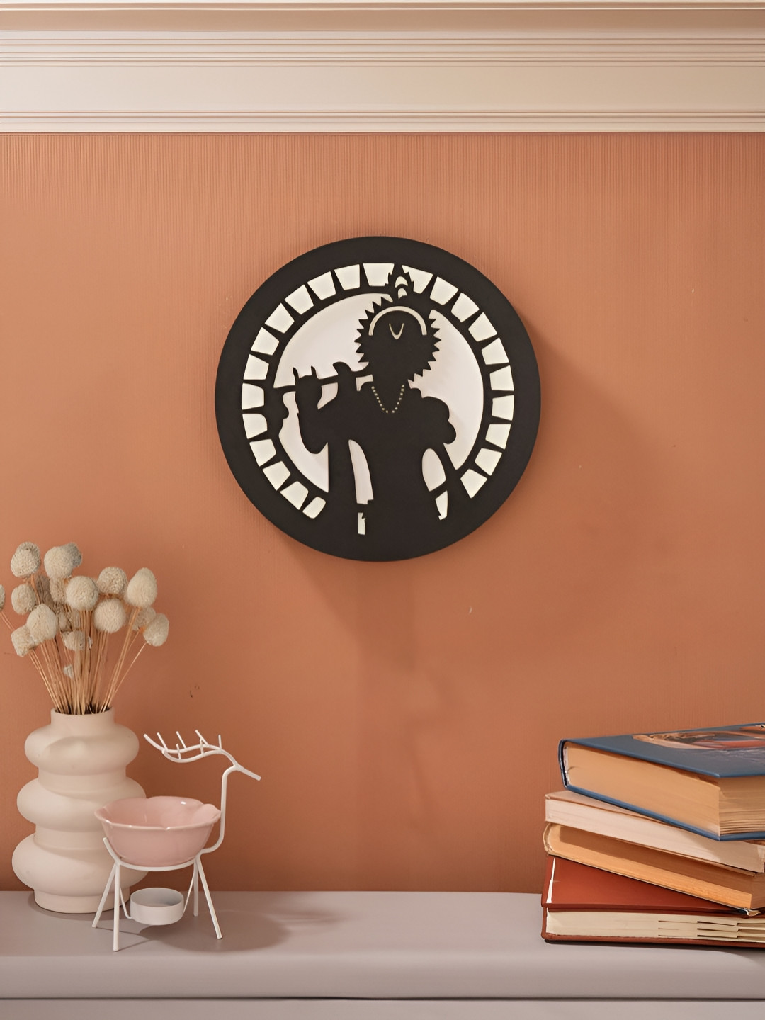 Homspurts Black & White Divine Kanha Ji With Flute MDF Wooden Round Wall Lamp