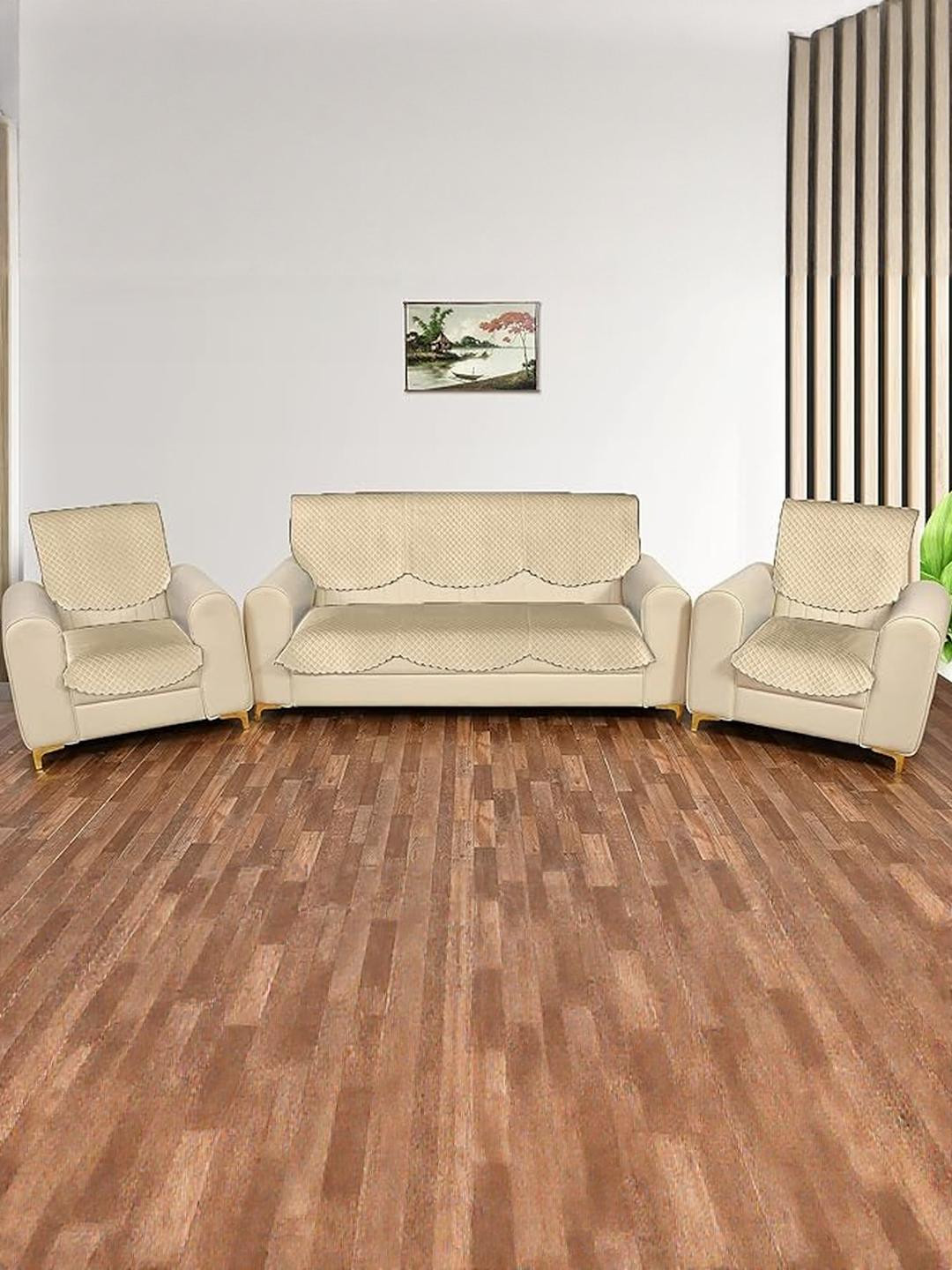 RADECOR Beige Checked Velvet Sofa Cover Without Arms