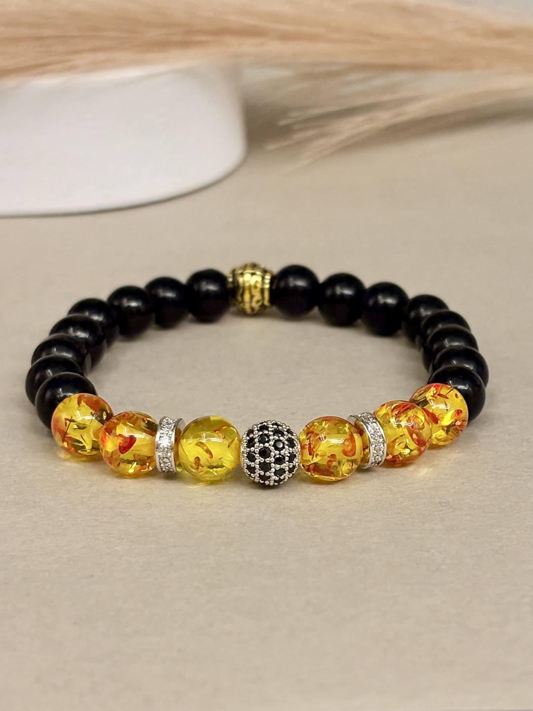 SANAA CREATIONS Unisex Vein Onyx & Jasper Crystal Stones Studded Elasticated Bracelet