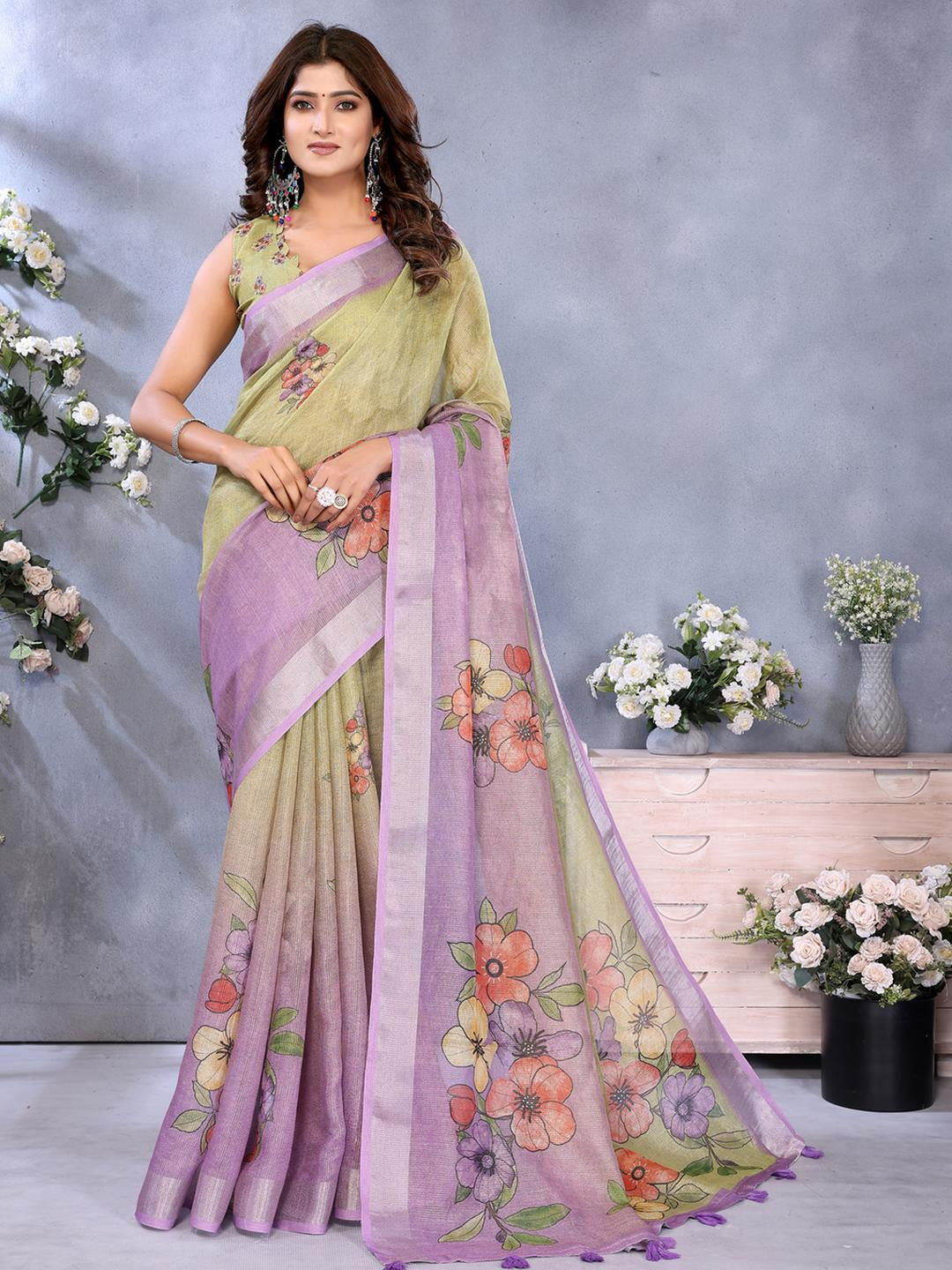 Jya Printed Linen Shimmer Saree For Women With Blouse Piece